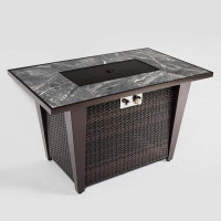 Brayden Studio 42inch Rattan Fire Pit Table with Ceramic Tile Tabletop, Glass Wind Guard and Rain cover, Lid_Wicker