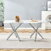 Mercer41 Large Modern Minimalist Rectangular Glass Dining Table With Fibertempering Glass Imitation Marble Desktop And M