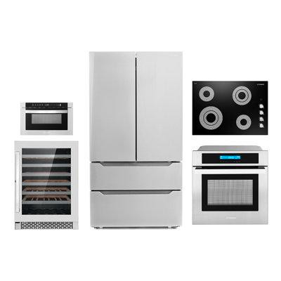 Cosmo 5 Piece Kitchen Package With 30" Electric Cooktop 24" Single Electric Wall Oven 24" Built-in Microwave Drawer Ener in Refrigerators