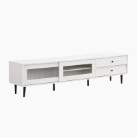 Ebern Designs TV Stand With Sliding Fluted Glass Doors, Slanted Drawers Media Console For TV Modern TV Cabinet With Ampl