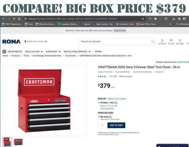 Craftsman 26 Wide 5-Drawer Tool Chest in Tool Storage & Benches in London - Image 3