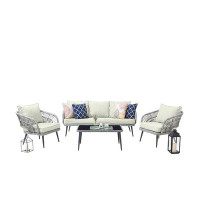 Bayou Breeze Adilkhan Rope Wicker 4-Piece 5 Seater Patio Conversation Set With Cushions In Cream