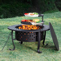 Alcott Hill Geraldine Steel Fire Pit with 2 Grill Wood Burning Outdoor