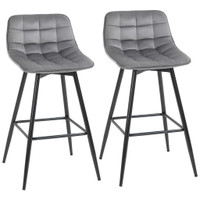 BAR STOOLS SET OF 2, FABRIC UPHOLSTERED COUNTER HEIGHT BAR CHAIRS, KITCHEN CHAIRS WITH BACK AND METAL LEGS, GREY