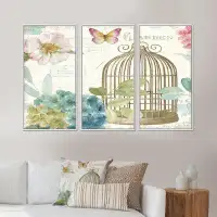 Design Art Vintage Floral Birdcage II - Traditional Framed Canvas Wall Art Set Of 3