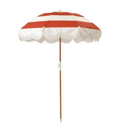Orren Ellis Beach Umbrella with White Fringe, 1" Tilting Wood Pole