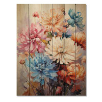 Red Barrel Studio Chrysanthemums Vibrant Collage III - Floral & Botanical Print On Natural Pine Wood