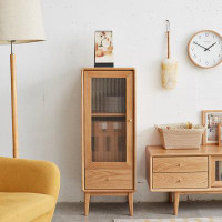 George Oliver Oak Cabinet Free-Standing Corner Storage Cabinets With Glass Door,2 Shelves,1 Drawers & Brass Handle