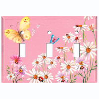 WorldAcc Metal Light Switch Plate Outlet Cover (White Dandelions Lady Bug Butterfly Pink - Single Toggle)