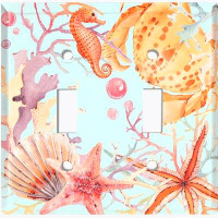 WorldAcc Metal Light Switch Plate Outlet Cover (Sea Horse Crab Star Fish Coral Light Blue  - Double Toggle)