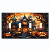 WorldAcc Metal Light Switch Plate Outlet Cover (Halloween Spooky Pumpkin Manor House - Quadruple Toggle)