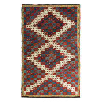 Isabelline Mid-Century Vintage Kilim Red In Red Blue And White Geometric All Over Pattern
