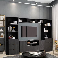 Everly Quinn Overlock Entertainment Wall Unit With 13 Shelves,8 Drawers, 2 Cabinets And Fluted Line Surface
