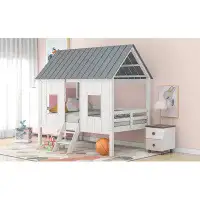 Harper Orchard Twin Size Low Loft House Bed With Roof And Two Front Windows
