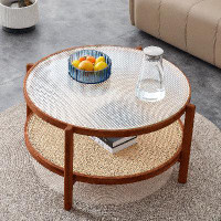Bay Isle Home™ Modern Simple Round Double-Layer Solid Wood Coffee Table, Craft Glass Tabletop