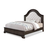 Benjara Dam King Size Bed, Curved Headboard, Cream Fabric Upholstery, Brown Wood