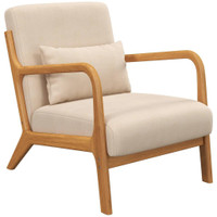FABRIC LOUNGE CHAIR, VELVET ARMCHAIR, RETRO ACCENT CHAIR WITH WOOD LEGS AND THICK PADDING FOR BEDROOM, BEIGE