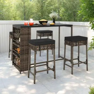 Bay Isle Home™ 5 Pcs of Rattan Bar Set with High Top Dining Table, 4 Bar Stools and Beige Soft Cushions