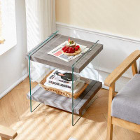 17 Stories 17.72" Sleek And Sturdy Tempered Glass Leg Side Table With Dual MDF Shelves, Modern Nightstand End Table