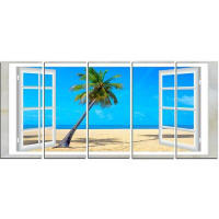 Design Art Open Window to Beach with Palm 5 Piece Photographic Print on Wrapped Canvas Set