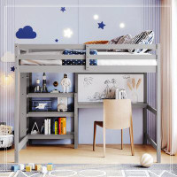 Harriet Bee Full Size Wooden Loft Bed With Shelves