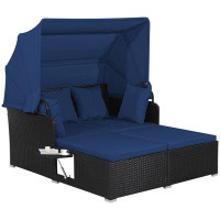 Latitude Run® Latitude Run® Patio Rattan Daybed Lounge Retractable Top Canopy Side Tables Cushions Navy