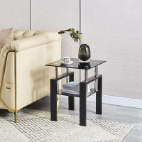 Orren Ellis Tempered Black Glass Sofa Table, 2-layers End Table With Storage, Living Room Side Table