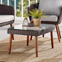 Beachcrest Home Tomko 35"W All-Weather Wicker Outdoor Rectangular Coffee Table With Glass Top