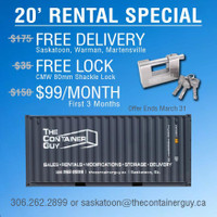 20 Container Rental Special - FREE Delivery- FREE Lock- Only $99/Month (First 3 Months) - Saskatoon