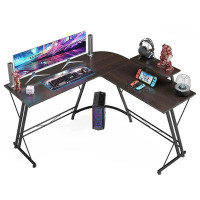 SOMDOT SOMDOT L Shaped Corner Gaming And Computer Desk With Monitor Stand, Brown Wood