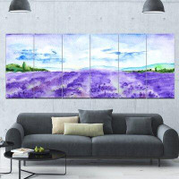 Made in Canada - Design Art 'Blue Lavender Fields Watercolor'  6 Piece Oil Painting Print Set on Canvas