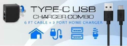 6 ft. XTREME 2.4 Amp - Type-C USB Cable and 2-Port USB Home Charger Combo - Black in Cell Phone Accessories