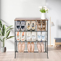 17 Stories 4-Tier Metal Shoe Rack For Closet Entryway,Narrow Shoe Organizer With 3 Slanted Shelves And Wood Top Shelf Fo