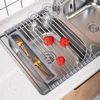 MAJALIS Roll-Up Stainless Steel Drain Tray Expandable 23.3 inch Over The Sink Roll-up Dish Drying Rack