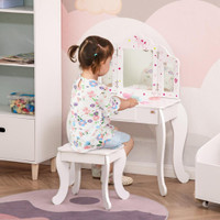 KIDS VANITY TABLE AND STOOL, MAKEUP VANITY GIRLS DRESSING TABLE SET WITH TRI-FOLDING MIRRORS DRAWER STAR AND HEART PATTE