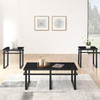 Ebern Designs Contemporary 3-Piece Table Set: 1 Coffee Table, 2 End Tables with Glass Top and Metal Tube
