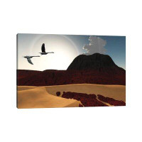 East Urban Home Two Swans Fly Over Cooling Lava Flows From A Recently Active Volcano - Wrapped Canvas Print