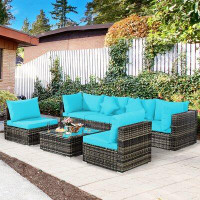 Latitude Run® Latitude Run® 7pcs Patio Rattan Furniture Set Sectional Sofa Garden Turquoise Cushion