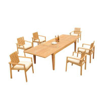 Teak Smith Grade-A Teak Dining Set: 122" Caranas Double Extension Rectangle Table And 8 Stacking Arm Chairs