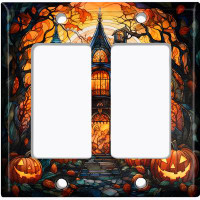 WorldAcc Metal Light Switch Plate Outlet Cover (Halloween Spooky Pumpkin Manor House - Double Rocker)