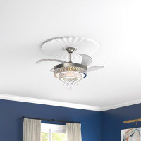 Rosdorf Park 42 Inches Retractable 4 Layer Crystal Chandelier Fan With Remote LED Light Silver