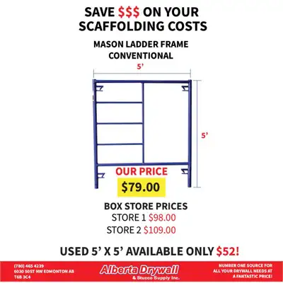 Save money on your scaffolding costs! Save on NEW Mason Ladder Frames $79. Save even more! Used Maso...
