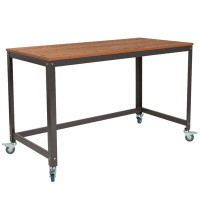 Symple Stuff Coventry Computer Table and Desk in Brown Oak Wood Grain Finish with Metal Wheels