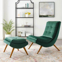 Modway Ramp Upholstered Performance Velvet Lounge Chair and Ottoman Set in Green