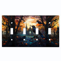 WorldAcc Metal Light Switch Plate Outlet Cover (Halloween Spooky Church Raven - Quadruple Toggle)