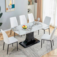 red chair 7-piece Dining Table Set with Glass tabletop and PU chairs