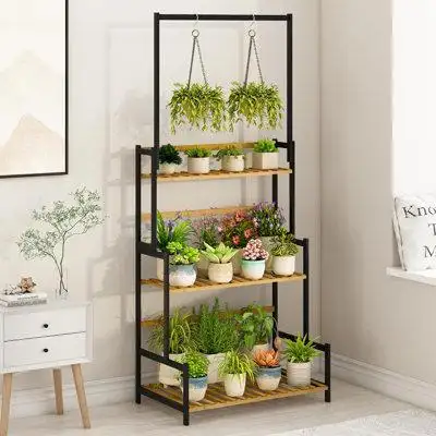 Arlmont & Co. Bamboo Hanging Plant Stand 3 Tier Ladder Shelf With Hanging Rod Height Adjustable Flower Pot Display Organ