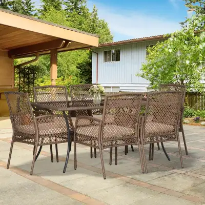 7pc PE Rattan Wicker Dining Set w 6 Chairs & Glass Top Table for Outdoor Patio, Brown, Beige