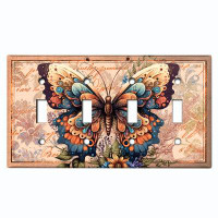WorldAcc Metal Light Switch Plate Outlet Cover (Monarch Butterfly Damask Letter - Quadruple Toggle)