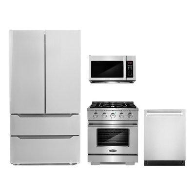 Cosmo 4 Piece Kitchen Package with French Door Refrigerator & 30" Freestanding Gas Range in Refrigerators
